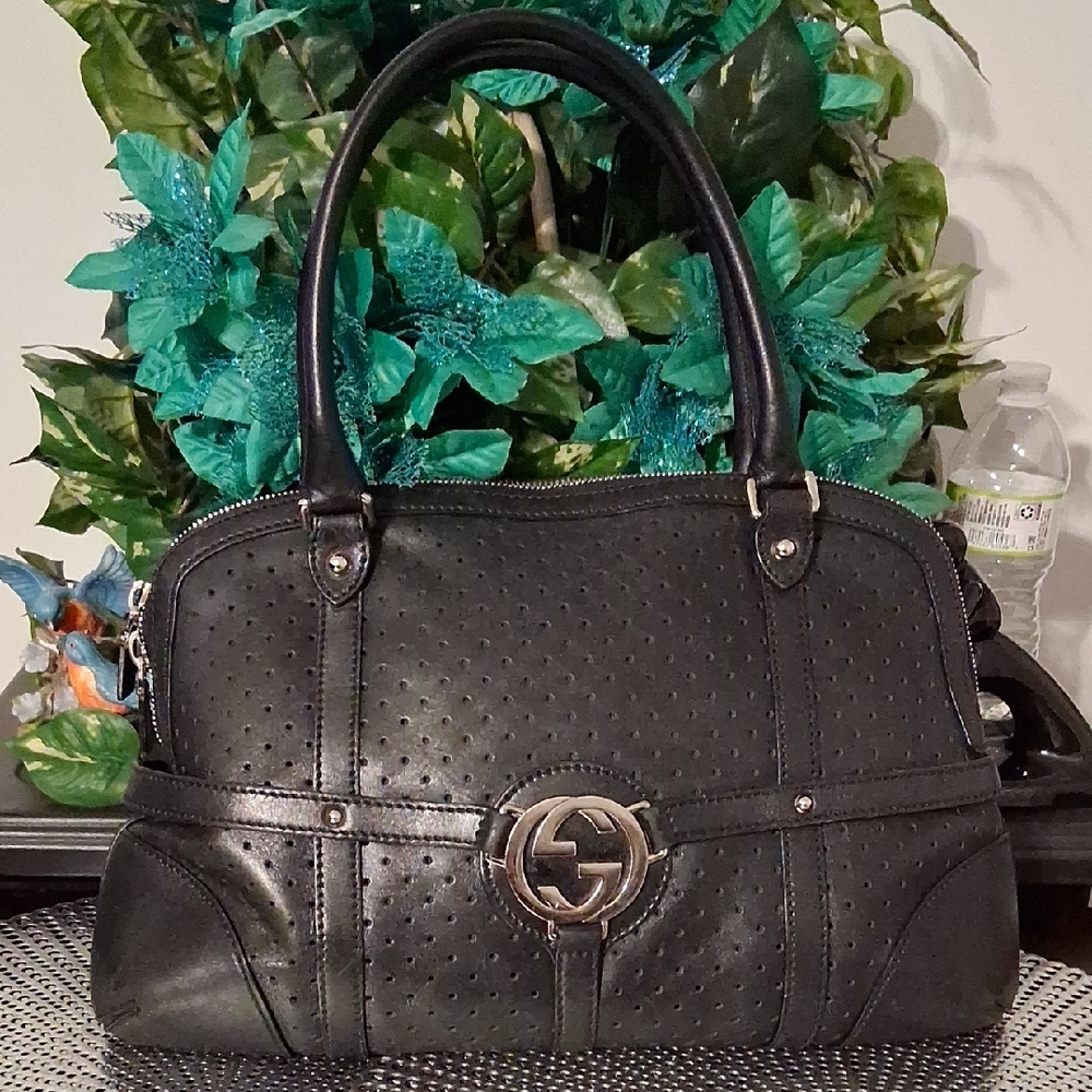 Gucci Vintage Black Leather Perforated Shoulder Bag with Silver Logo